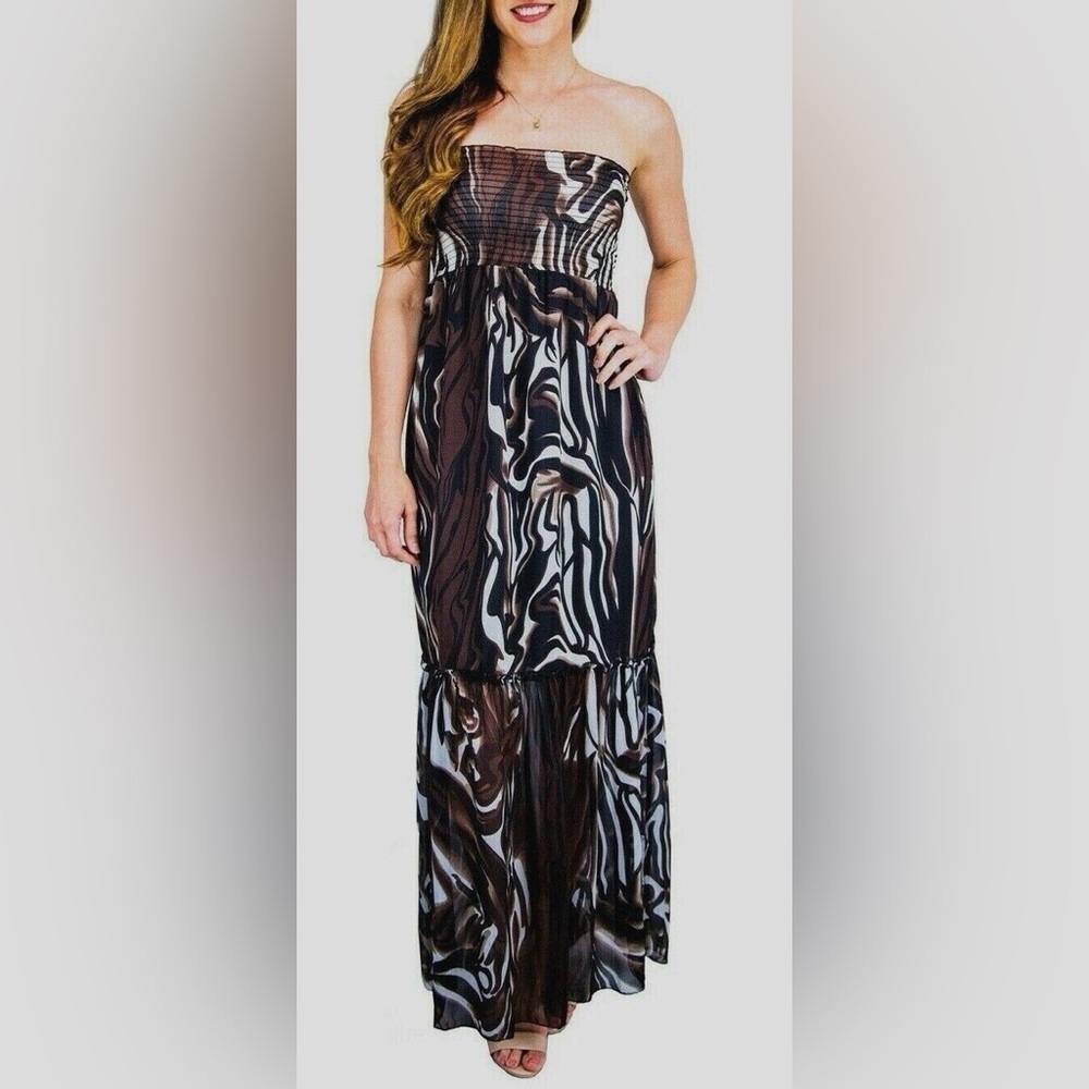 BCBG Max Azria black/Brown Animal print strapless tier chiffon maxi S vacation